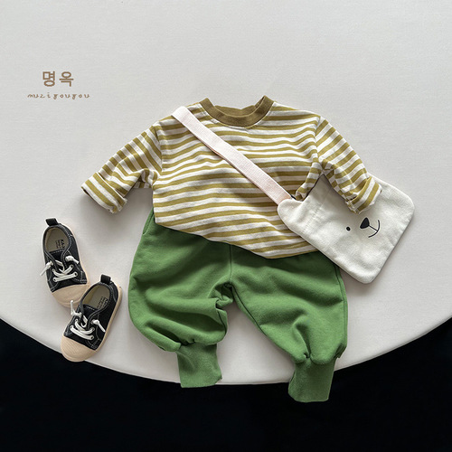 BI match~ Striped T-shirt 2024 Spring and Autumn New Style Korean Style Loose Casual Bottoming Shirt for Boys and Girls, Trendy Tops for Children
