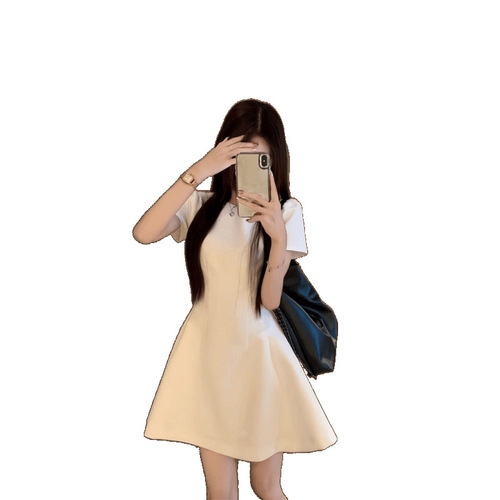 White Short Sleeve Dress for Women, Summer Chic High-End, Youthful, Slimming A-Line Skirt, Instagram Style