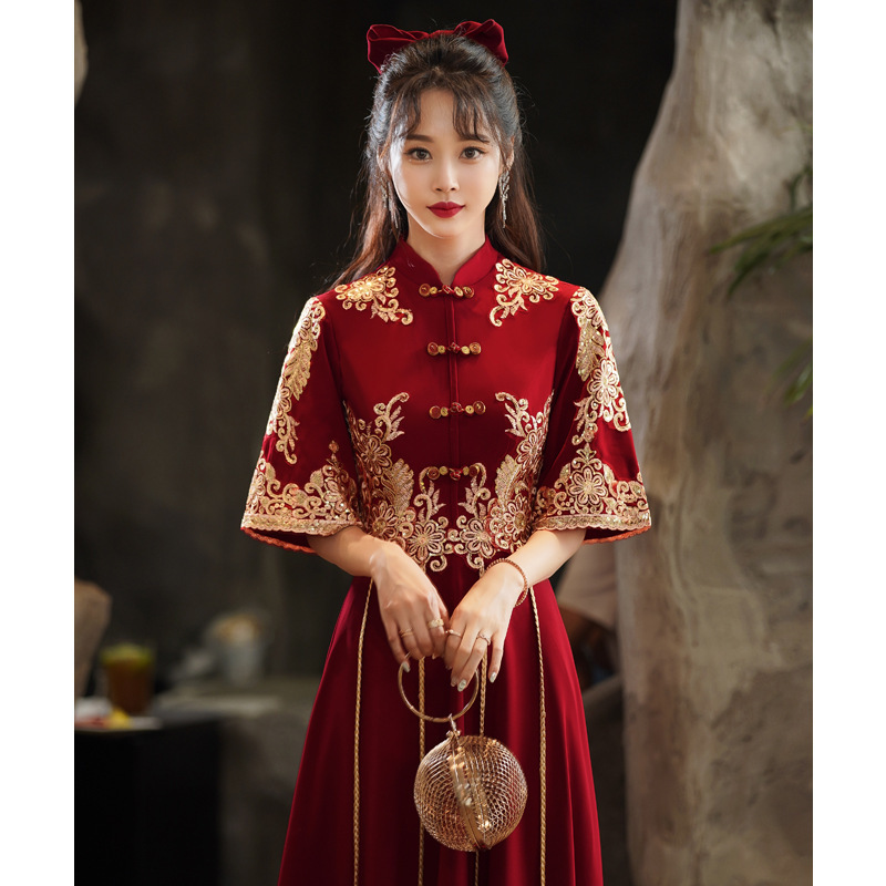 Toast Dress Bride Cheongsam Summer Wedding Engagement Home Dress Women's Chinese Style Xiuhe Dress Wine Red Long Slim