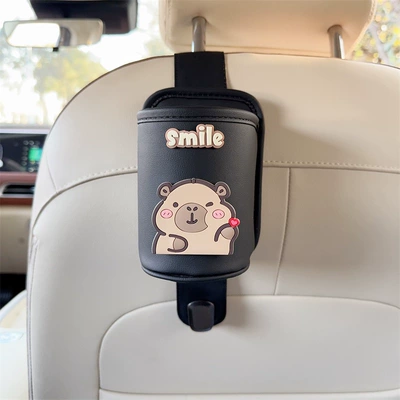 seat back storage rack, multifunctional: Car cup holder/beverage holder - black-leather-cup-holder-with-hook-new-model-bixin-kapibara