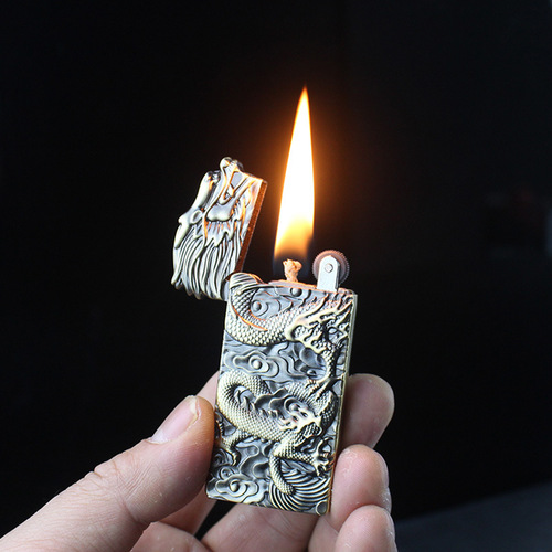 Creative embossed Chinese dragon kerosene lighter double-sided engraved metal thin grinding wheel lighter wholesale dropshipping