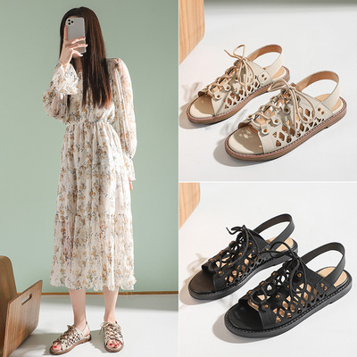 凉鞋女2021夏季新款英伦风橡胶罗马鞋绑带镂空露趾平底鞋范顺2123