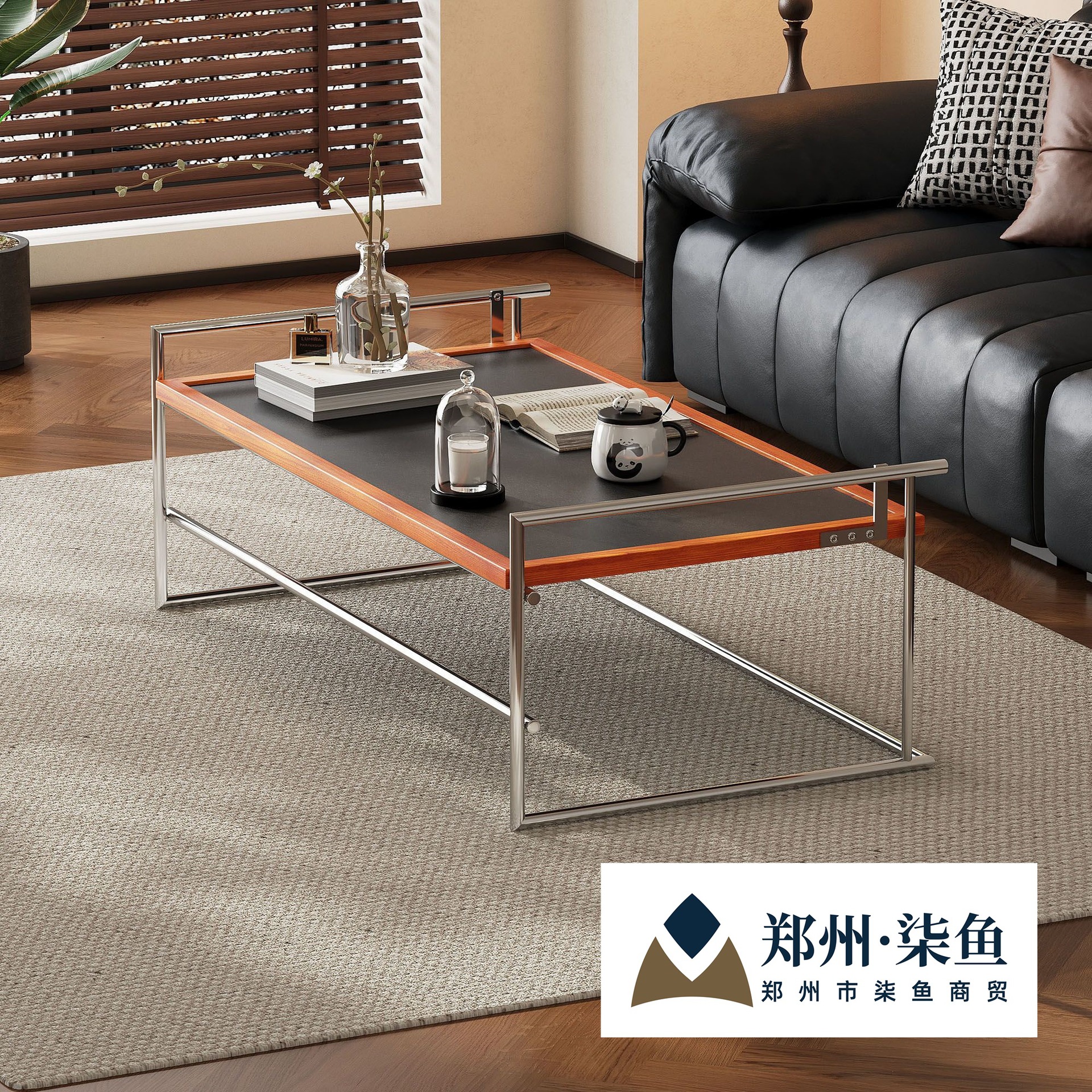 Office Coffee Table Dual-Purpose Table Living Room Home Small Apartment Tea Table Designer Retro Solid Wood Stainless Steel Tea Table