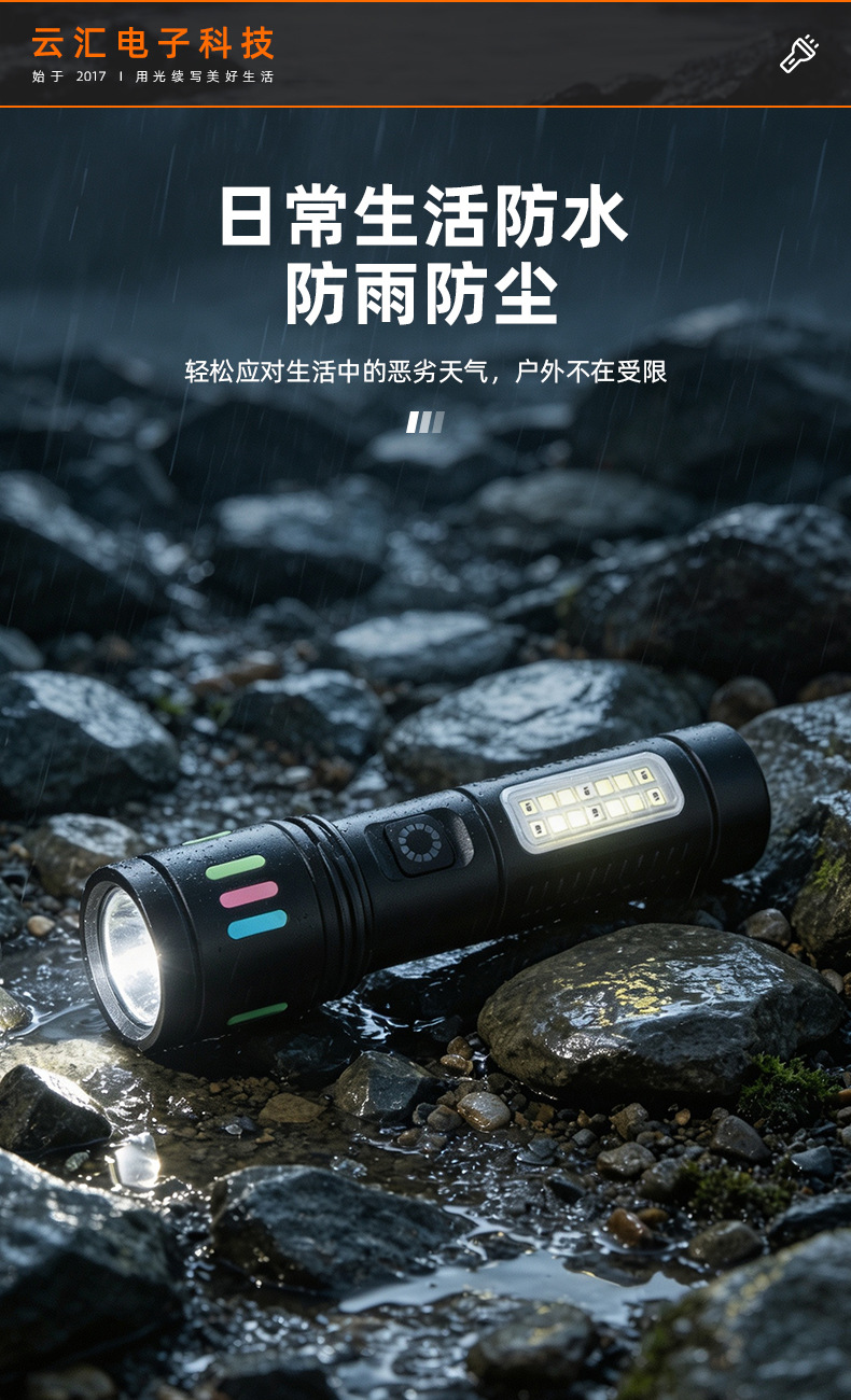 Cross-border white laser flashlight with adjustable zoom, dual light source, outdoor camping adventure emergency flashlight, dustproof flashlight