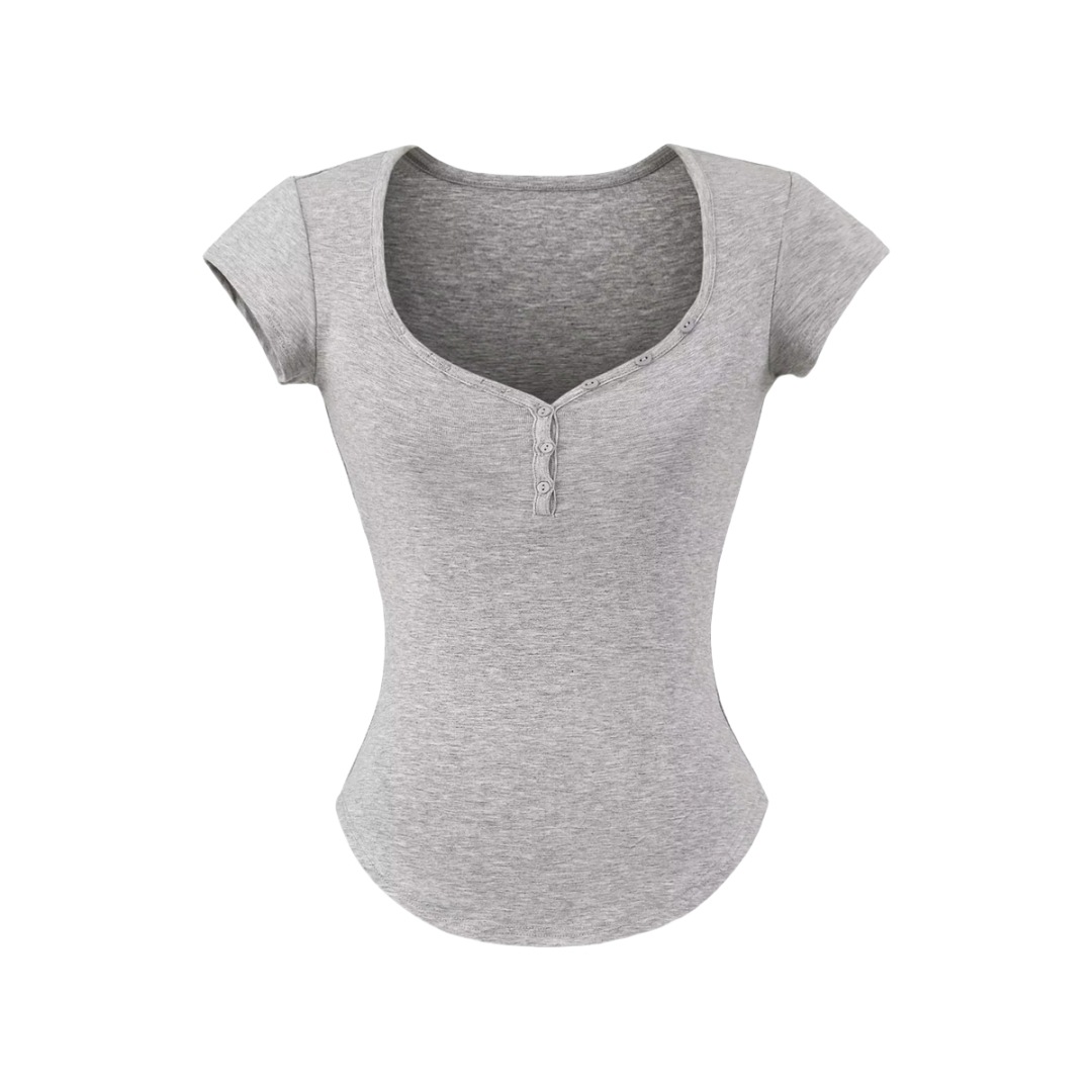 Solid Color Curved Hem Short-Sleeve T-Shirt for Women, Pure Desire Style, Spicy Girl, Heart-Shaped Neckline, Chest Button, Slim Fit, Regular Shoulder Top