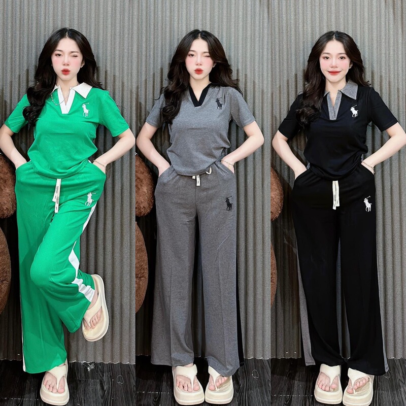 Cross-border Casual Sportswear Suit for Women Summer New Style Age-reducing polo Lapel Short-sleeved Wide-leg Pants Two-piece Set