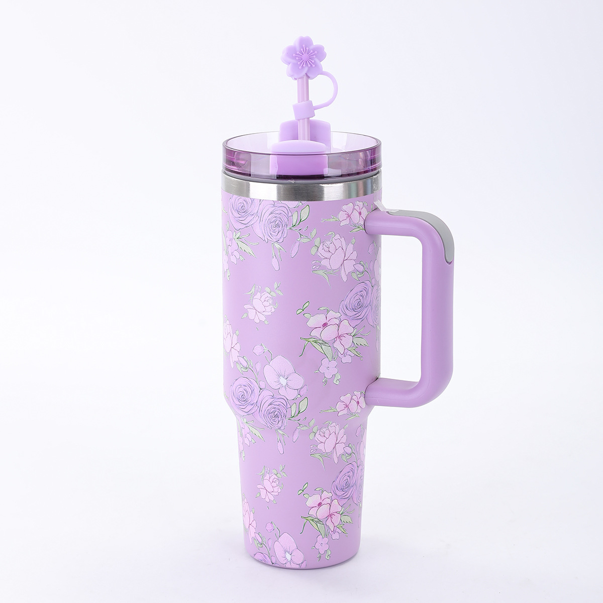 Vaso de Acero Inoxidable de 40 oz con Asa Floral, Gran Capacidad, Aislamiento al Vacío, Portátil para Exteriores con Pajita