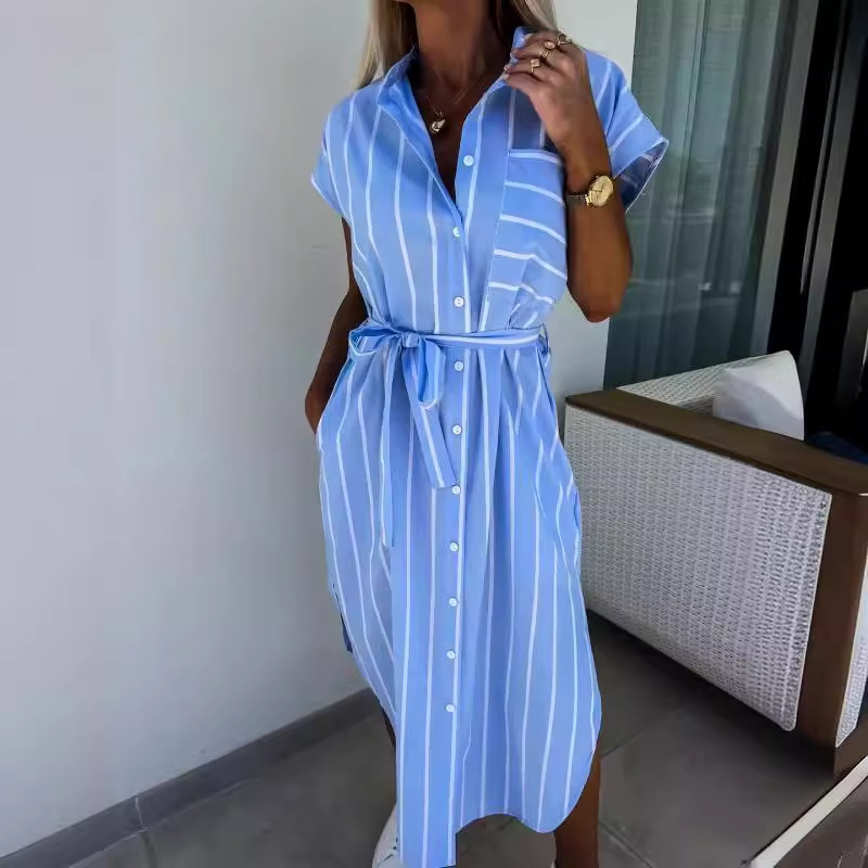 Cross-border Specially Designed for High-quality European and American Simple Trendyy Sleeveless Mid-length Stripesd Shirt Loose Dress Shirt for Women