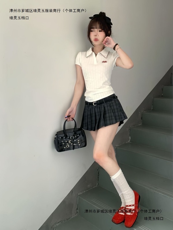 学院风辣妹修身显瘦polo领短袖T恤女夏季新款格纹a字百褶短裙套装|undefined