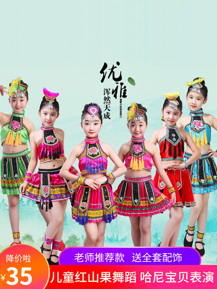 Children's performance costumes for the Dragon Boat Festival, minority ethnic group performance attire, red mountain fruit dance costumes for young girls, Yi ethnic group clothing for girls