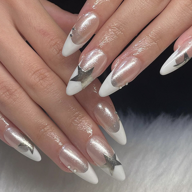nail art piece finished white French style silver five-pointed star white rhinestone nail art piece finished detachable Advanced nail