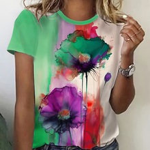欧美宽松大码甜美花卉3d印花圆领短袖亚马逊夏装女士t恤工厂货源