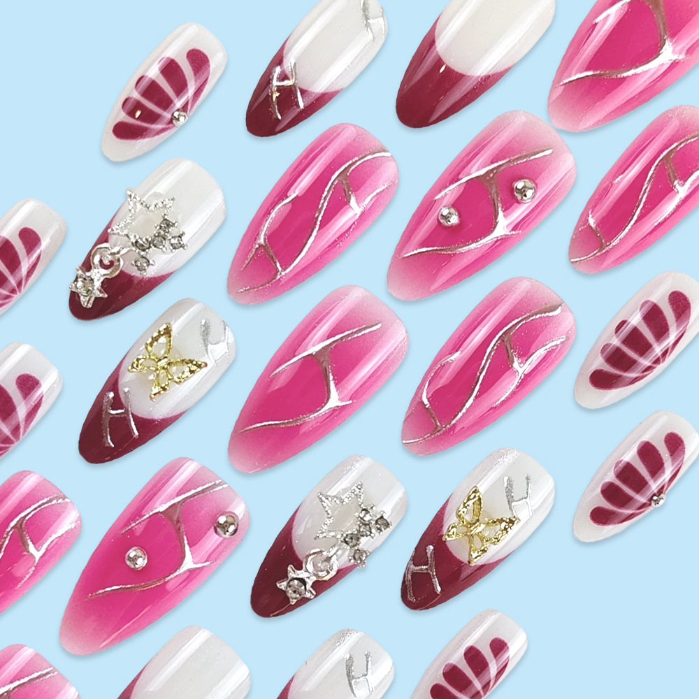 Transfronterizos más vendidos en relieve perforación de uñas plata estrellas doradas mariposa para usar uñas de almendras 24 piezas parches de uñas terminados