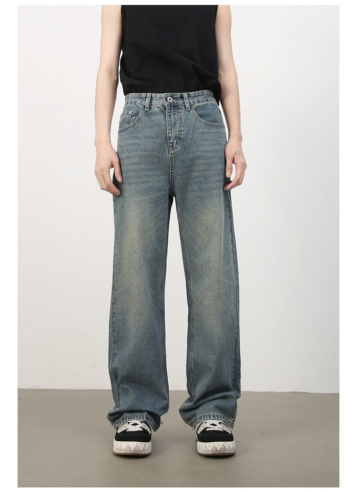 Quần jean nam ống rộng suông thẳng phong cách Mỹ, denim wash đơn giản — màu xanh, màu xanh nhạt chi tiết 16