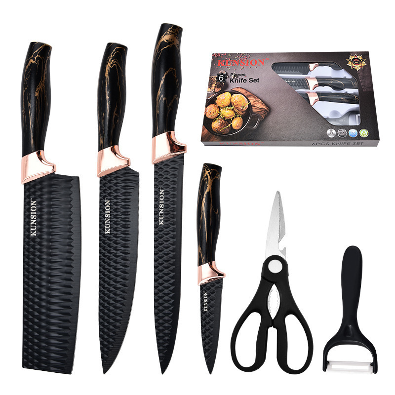 Venta caliente de utensilios de cocina, juego de cuchillos, cuchillos de acero inoxidable para el hogar, combinación de cuchillos de cocina, cocina afilada y antioxidante, juego de seis piezas al por mayor