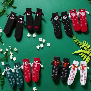 Magnetic couple hand-holding socks solid color funny mid-calf socks personality breathable all-match white socks Christmas socks