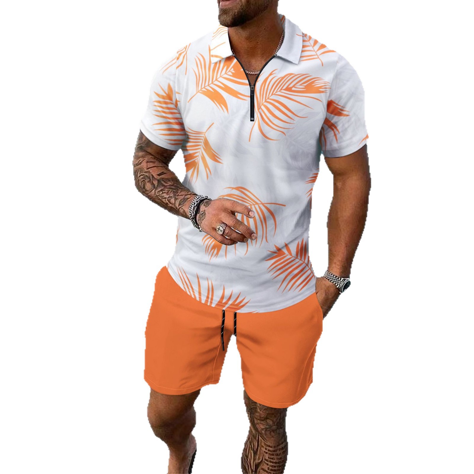 Conjunto masculino de polo e shorts com estampa digital de secagem rápida – Roupa respirável de poliéster para praia e atividades ao ar livre (laranja, azul-marinho, verde-água, cáqui) – Tamanhos do P ao XXXG_voghion.com