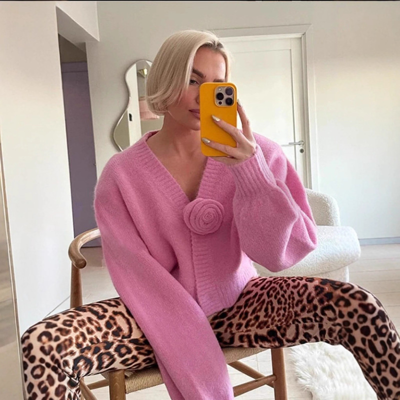 Pink V Neck Knitted Cardigan, Stereo Flower Decoration, Loose Lazy Sweater