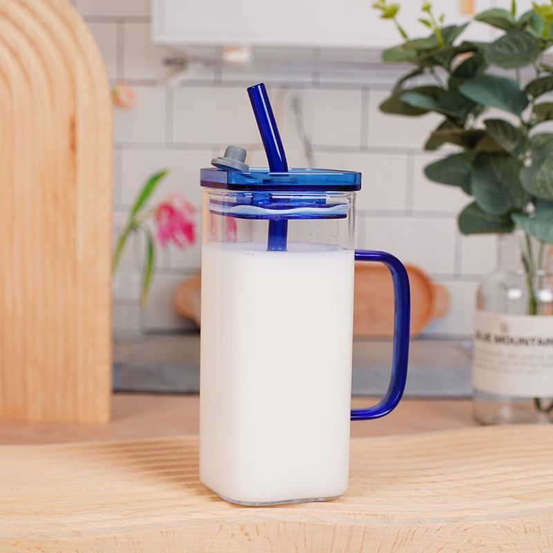カラーハンドル単層ガラスストローカップ家庭用大容量ストローと蓋付き飲料花茶飲料単層カップ|undefined