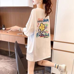Cotton long trend short sleeve T-shirt for leisure, 100% cotton, mid-length, plus size