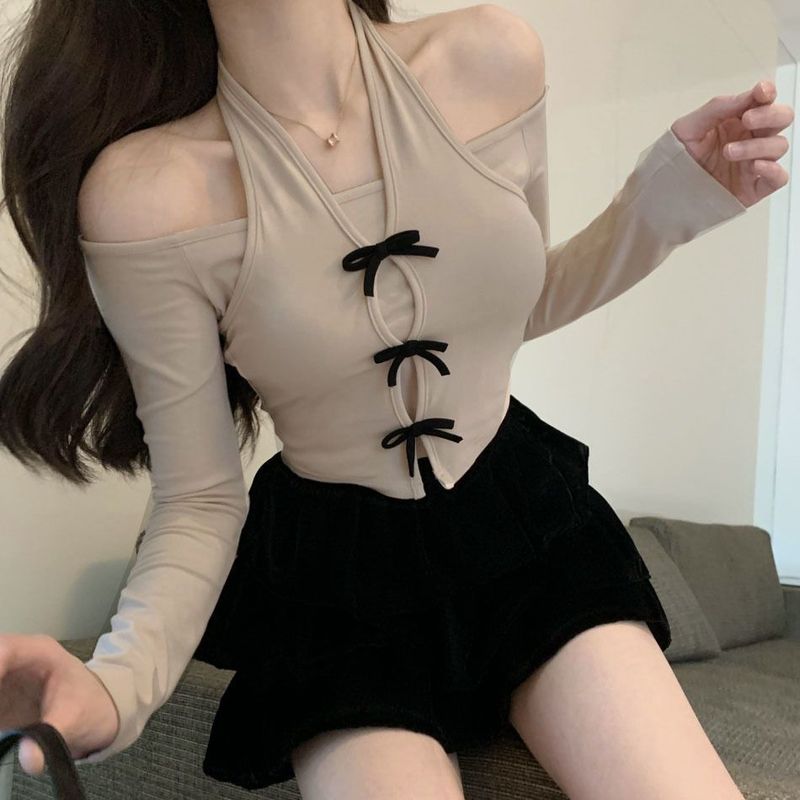 纯欲风挂脖甜美一字肩上衣女短款秋季露肩洋气小众ins修身长袖T恤|undefined