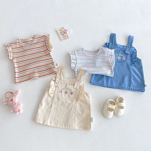 Striped T-shirt for Girls 2025 Summer Baby Sweet Korean Style Base Shirt Children Embroidered Bear Overalls