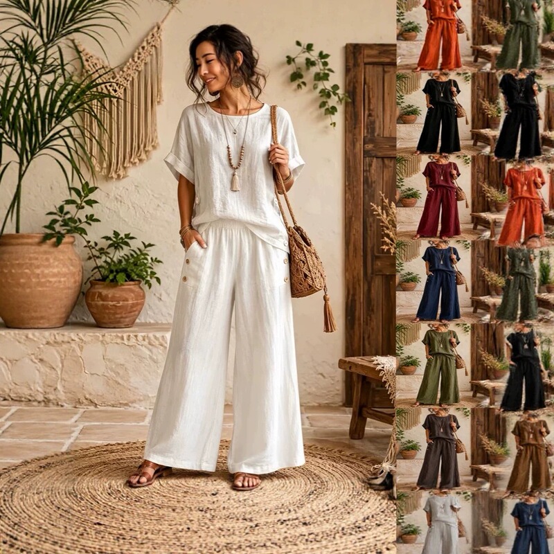 2026 Spring/Summer Solid Color Cotton-Linen Casual Set: Round Neck Short Sleeve Top and High-Waisted Loose Wide-Leg Pants Set for Women, Summer Texture 2026 Spring/Summer Solid Color Cotton-Linen Casual Set: Round Neck Short Sleeve Top and High-Waisted Loose Wide-Leg Pants Set for Women, Summer Texture
