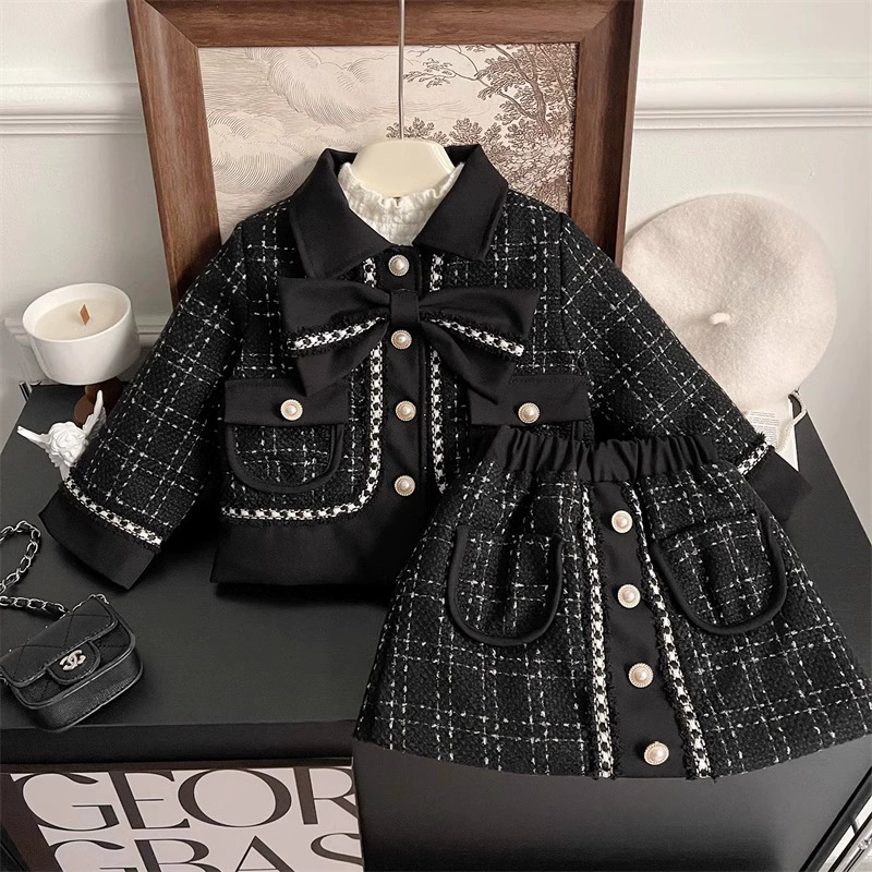 Демисезонный комплект, детская куртка с бантами, мини-юбка, стиль Chanel