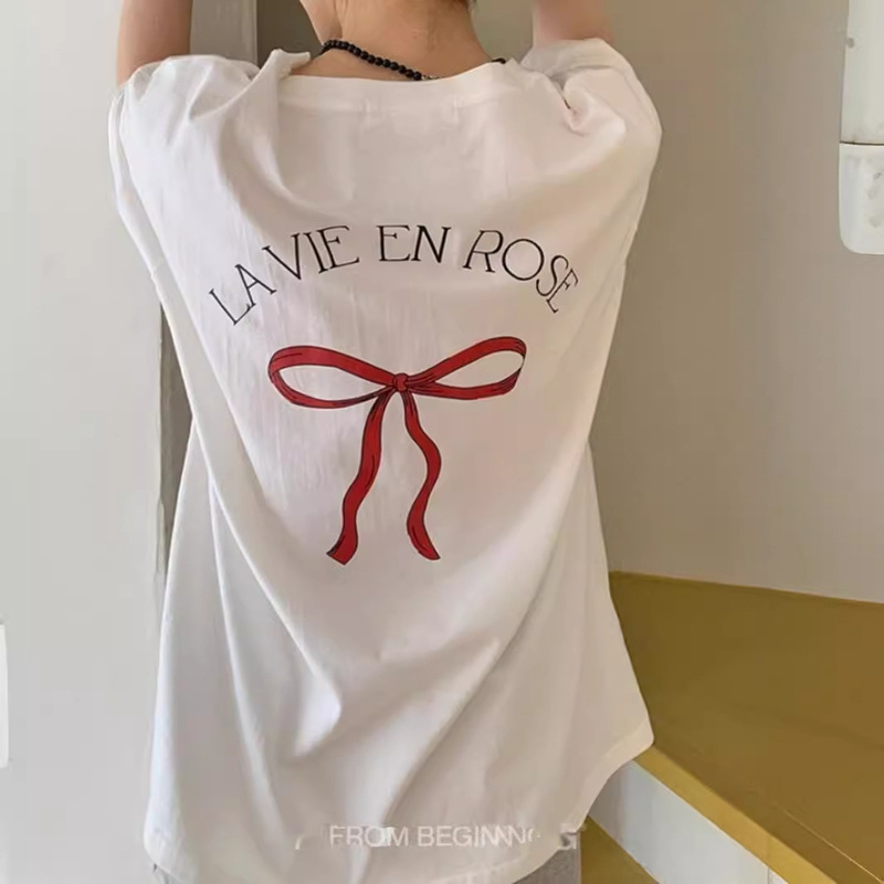 Plus Size Korean Dongdaemun Women's Design Back Bow Print Loose Extra Large Size 1.0-150kg Short-Sleeved T-Shirt