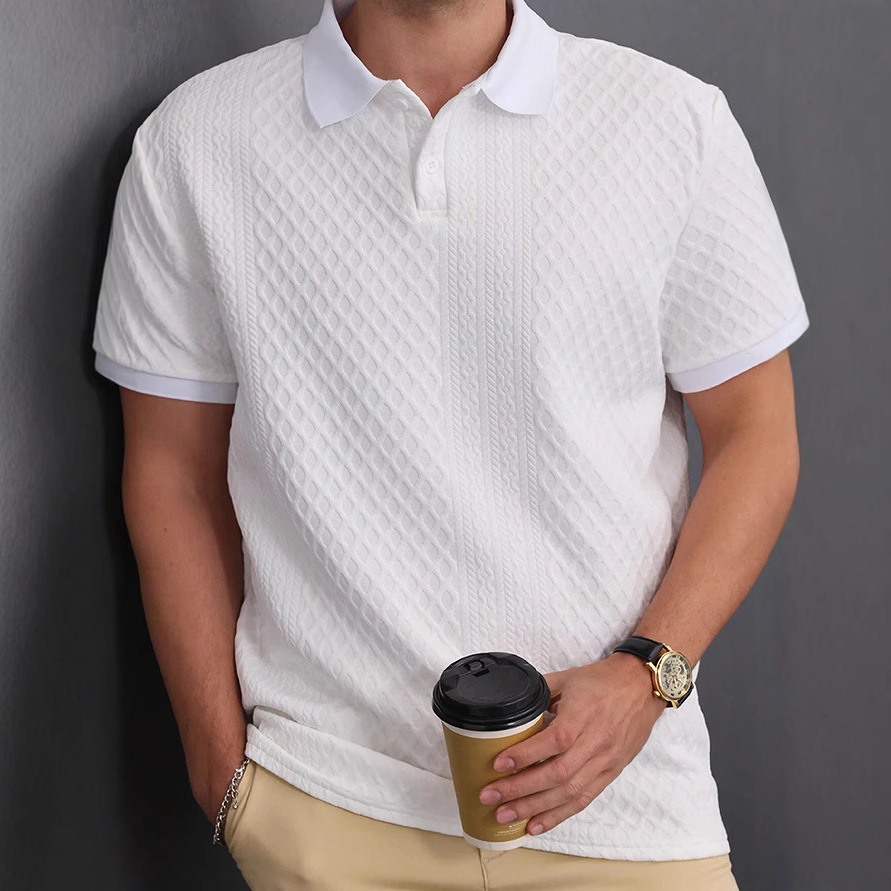 Cross-border men's jacquard fabric button placket Polo shirt solid color base texture stand collar top