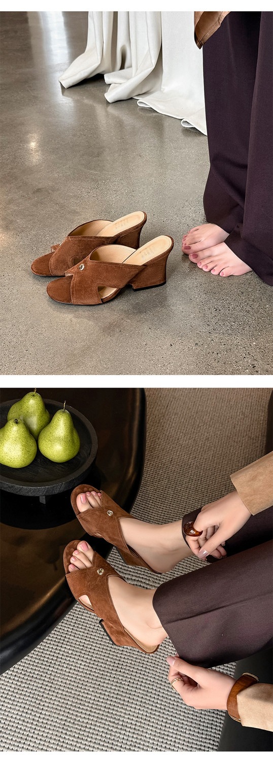 Sandal nữ da cừu hở mũi quai chéo gót xuồng 5 cm — màu nâu, Trang chủ, màu đen chi tiết 46