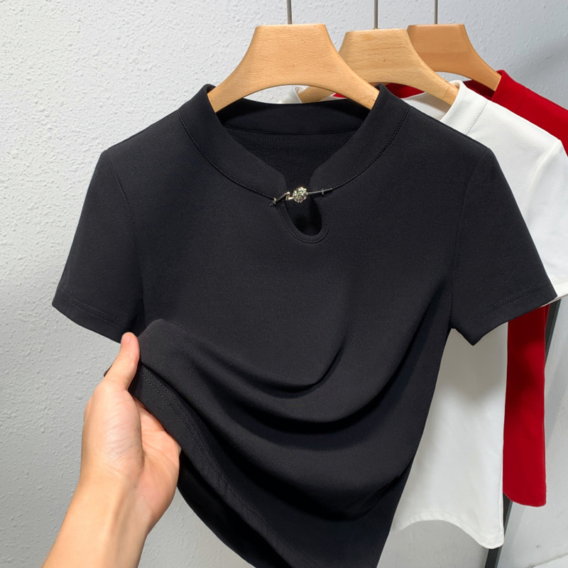 Camiseta de manga corta de cuello vertical mujer 2024 camiseta de algodón sólido diseño de estilo chino nueva chaqueta de verano de mujer china image 6
