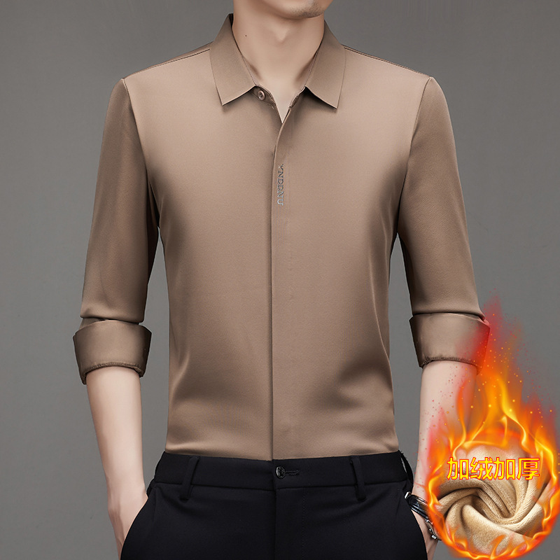 Cross-Border Men's Warm Fleece-Lined Shirt, Men's Thickened Fleece-Lined Autumn and Winter Seamless Business Casual Long-Sleeved Shirt, Men's Clothing Cross-Border Men's Warm Fleece-Lined Shirt, Men's Thickened Fleece-Lined Autumn and Winter Seamless Business Casual Long-Sleeved Shirt, Men's Clothing
