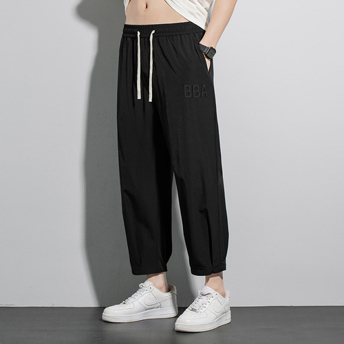 Extra-large code 300 pounds men's summer thin ice silk casual ankle-length pants loose plus size fat men's long pants