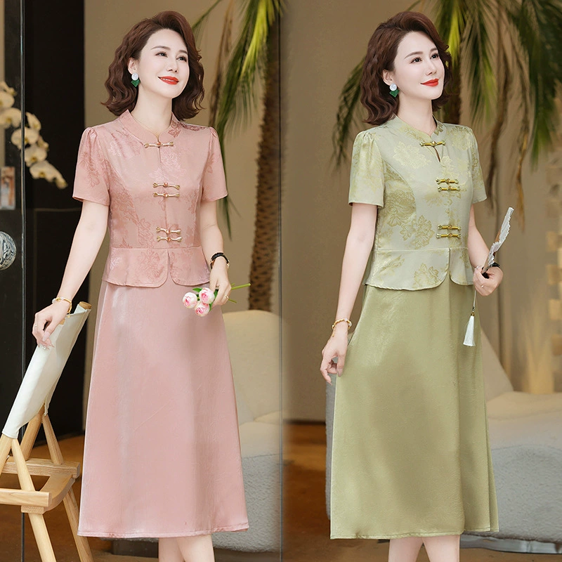 Одежда для мамы Женское летнее платье 2025 Новый китайский стиль платья среднего и пожилого женского пола поддельные две иностранные юбки