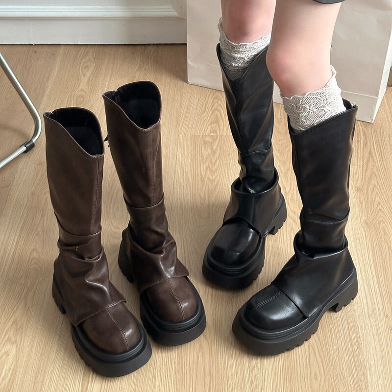 厚底长筒靴子女2025新款秋冬季显瘦高筒靴v口裤管靴堆堆靴骑士靴|undefined