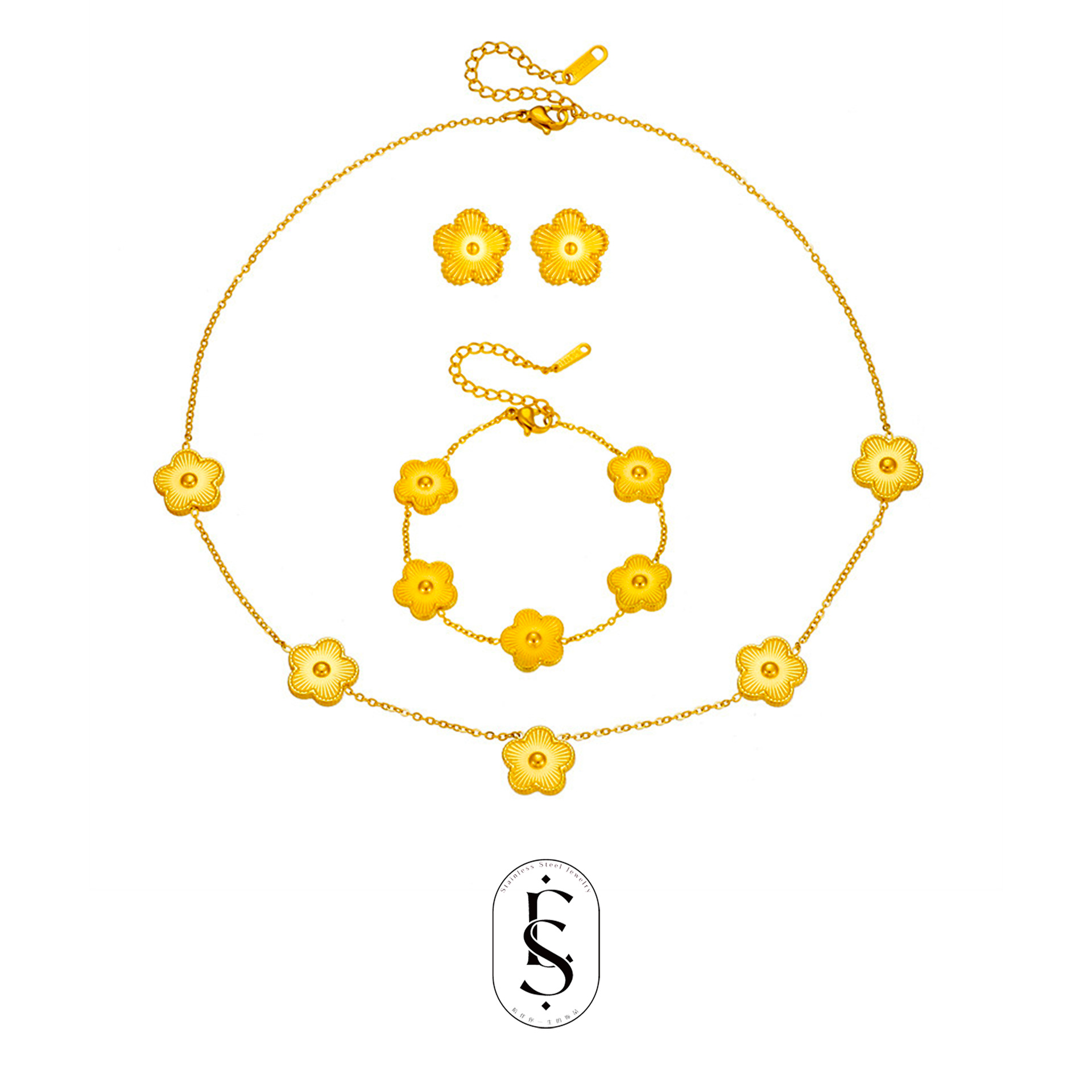 Simple elegante traje de la joyería de La Flor de cinco hojas trébol láser titanio acero ciruela flor moda todo partido en línea rojo joyería de moda