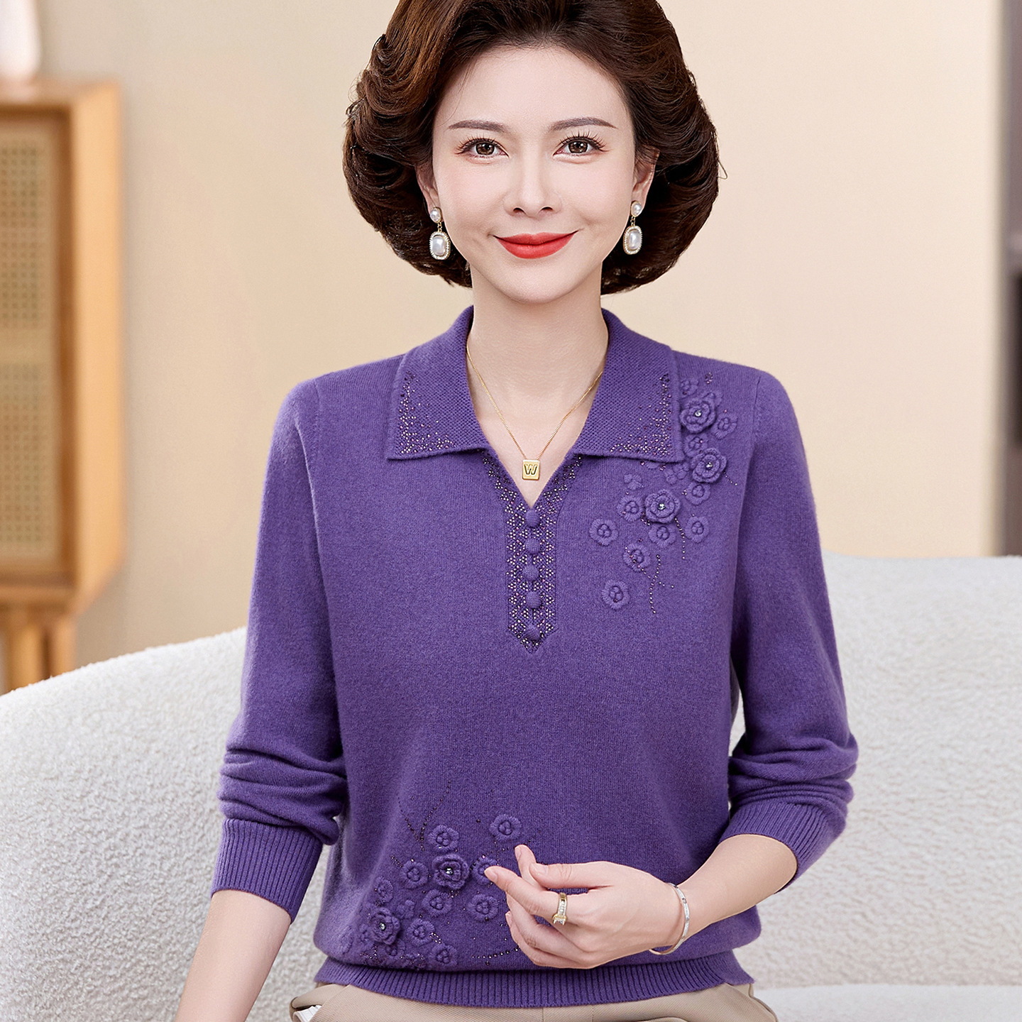 妈妈秋2025新款毛衣洋气翻领小衫中老年人女休闲长袖针织100%羊毛，女装针织衫/毛衣，妃慕昵服饰