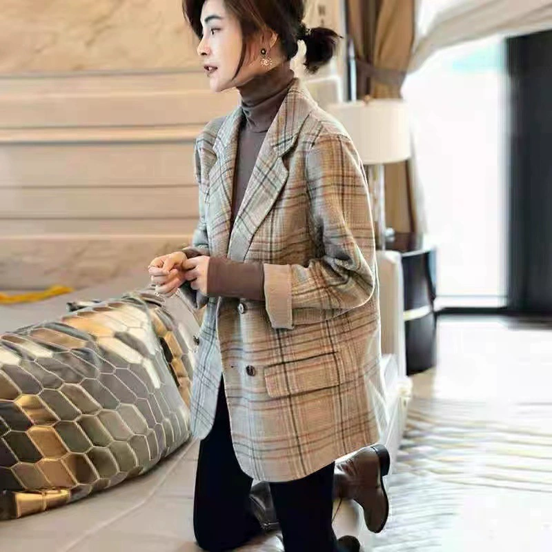 Двустороннее шерстяное пальто, женский короткий костюм, утепленное шерстяное пальто в клетку в Корейском стиле, новое осенне-зимнее новое шерстяное пальто