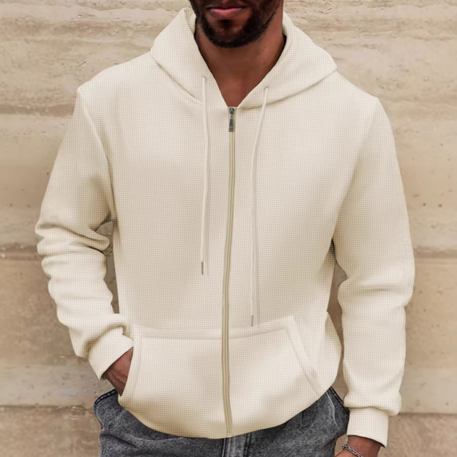 Men's Waffle Knit Solid Color Hooded Jacket Long Sleeved Zip Up Pocket For Spring And Autumn_voghion.com