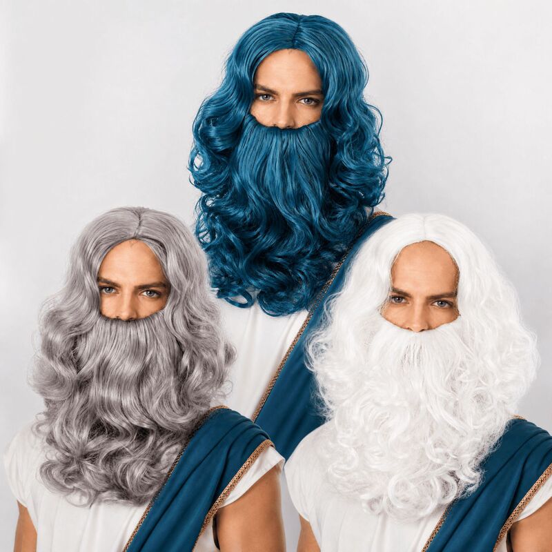 Halloween Santa Claus Blue and White Gray Wig with Middle Parting, Long Curly Hair, Beard Wig, Cosplay Headgear
