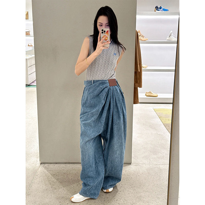 杨幂同款胖mm美式宽松牛仔裤大码新款潮牌设计休闲垂感阔腿拖地裤|undefined