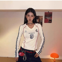 DoubleDV领织带复古撞色运动球衣长袖T恤女美式辣妹修身显瘦上衣