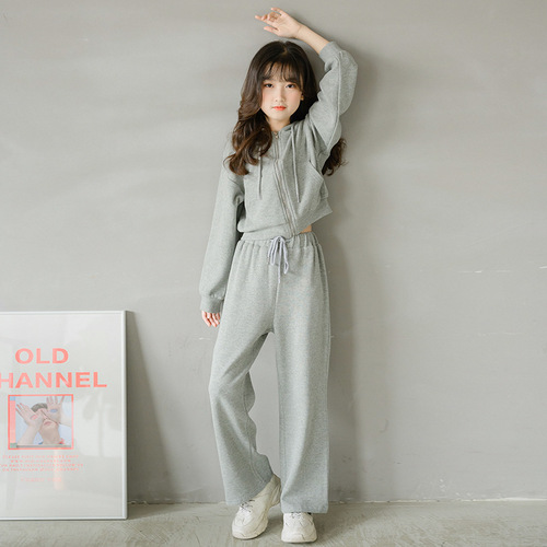 儿童运动套装春装休闲连帽俩件套中大女童卫衣阔腿长裤套装亲子装