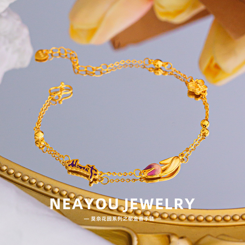 Zhoujia's Same Style French Enamel Monet's Garden Tulip Bracelet High-End Sand Gold Flower Bracelet Wholesale for Women