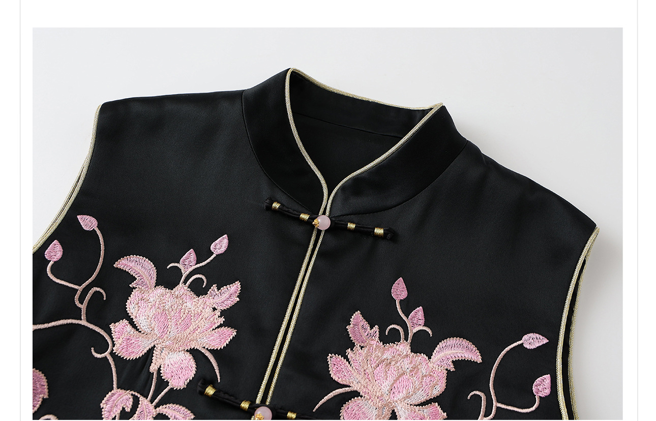 Áo vest nữ thêu hoa văn quốc gia mùa hè, chất acetate dáng rộng cao cấp — Áo khoác màu đen, Gi lê màu đen chi tiết 6