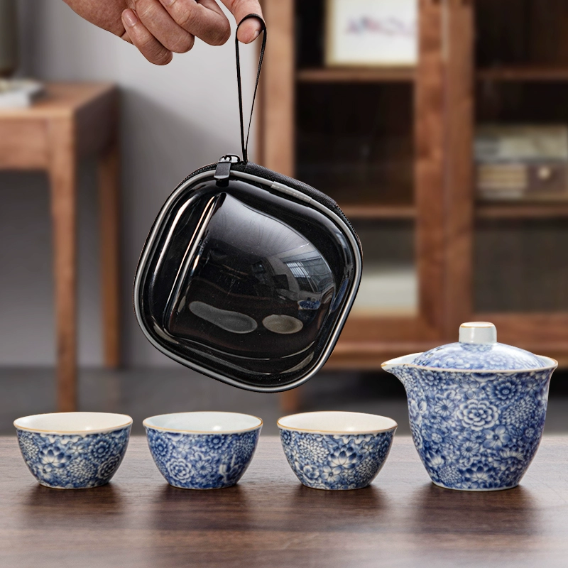 Ru Kiln синий и белый дорожный чайный набор для питья чая на открытом воздухе, быстрая чашка, портативная дорожная сумка, набор чайников с защитой от ожогов