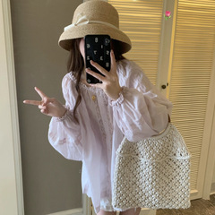 浪漫纯欲淡紫色飘逸设计感蕾丝拼接长袖衬衫宽松上衣女浪漫淡紫色