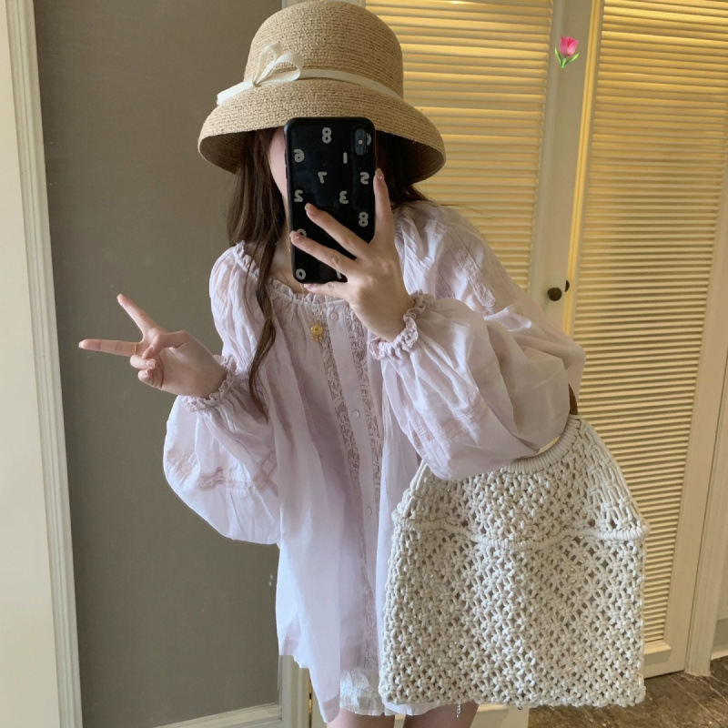 Romantic Pure Desire Light Purple Flowing Design Lace Splicing Long-Sleeved Shirt Loose Top for Women Romantic Light Purple