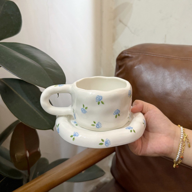 Ins estilo coreano mano irregular cerámica tazas de café y platos pintados a mano gordo tazas y platos ventas transfronterizas